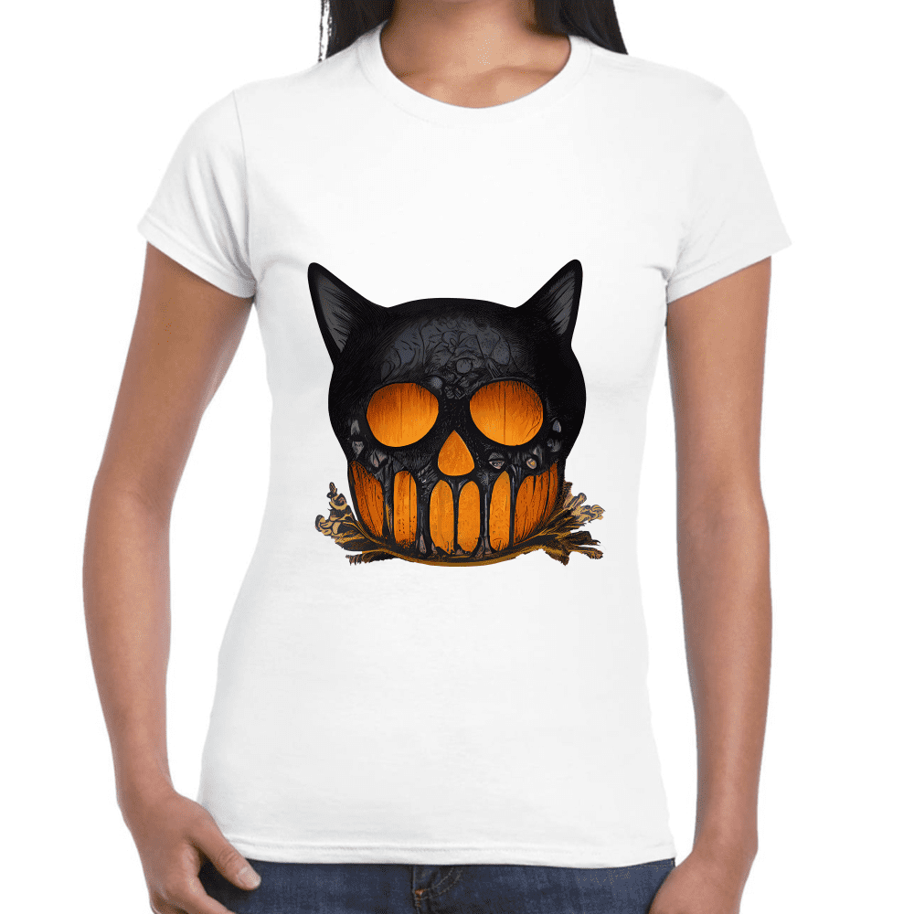 Playera Cráneo Gato Halloween Algodón Premium #749
