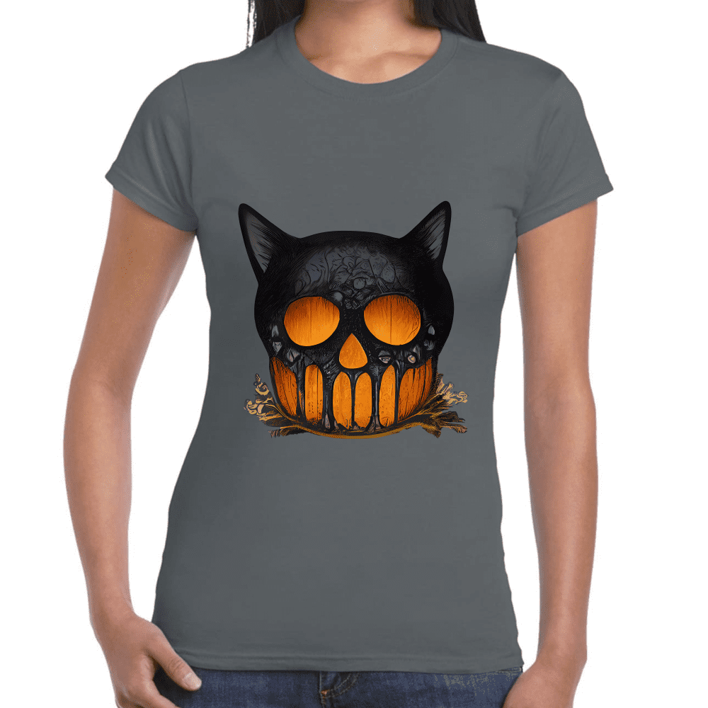 Playera Cráneo Gato Halloween Algodón Premium #749