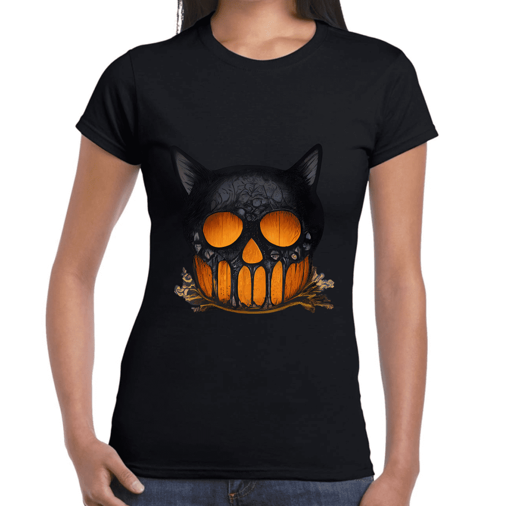 Playera Cráneo Gato Halloween Algodón Premium #749