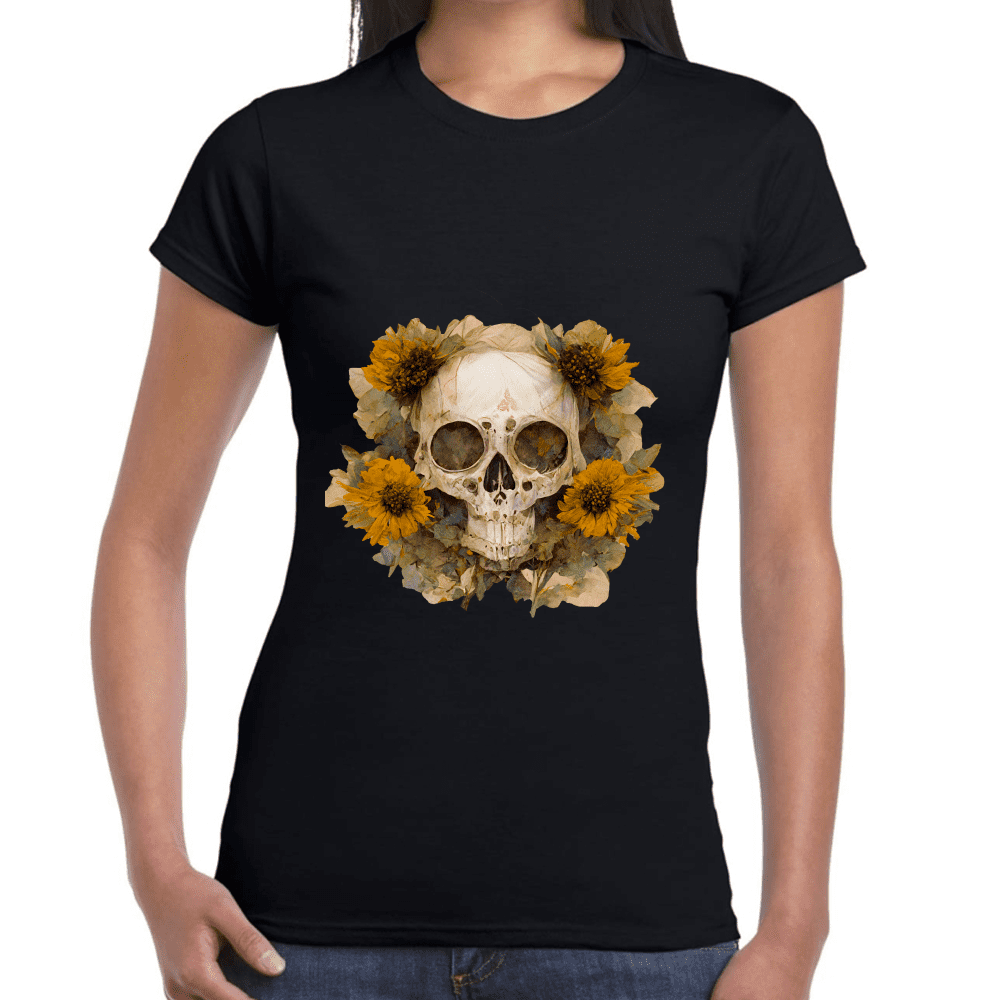 Playera Cráneo Con Girasol Día De Muertos Algodón Premium #763