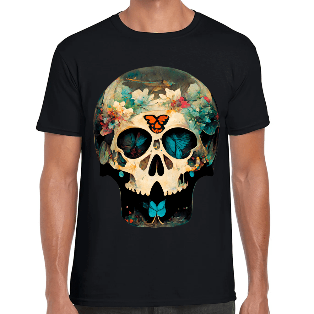 Playera Cráneo Con Mariposas Y Flores Día De Muertos Algodón Premium #772 Imagen principal del producto