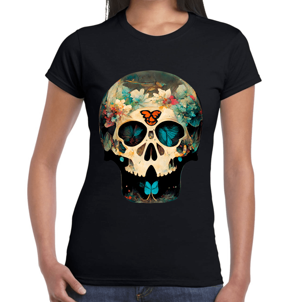 Playera Cráneo Con Mariposas Y Flores Día De Muertos Algodón Premium #772