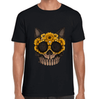 Playera Cráneo Gatito Con Girasol Día De Muertos Algodón Premium #778