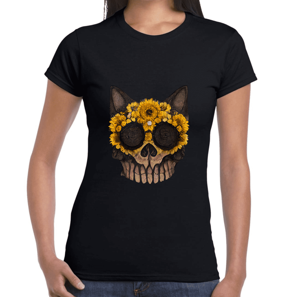 Playera Cráneo Gatito Con Girasol Día De Muertos Algodón Premium #778