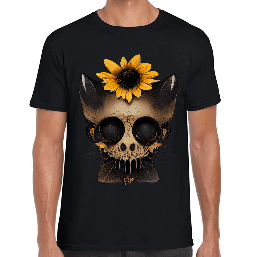 Playera Cráneo Gatito Con Girasol Día De Muertos Algodón Premium #779
