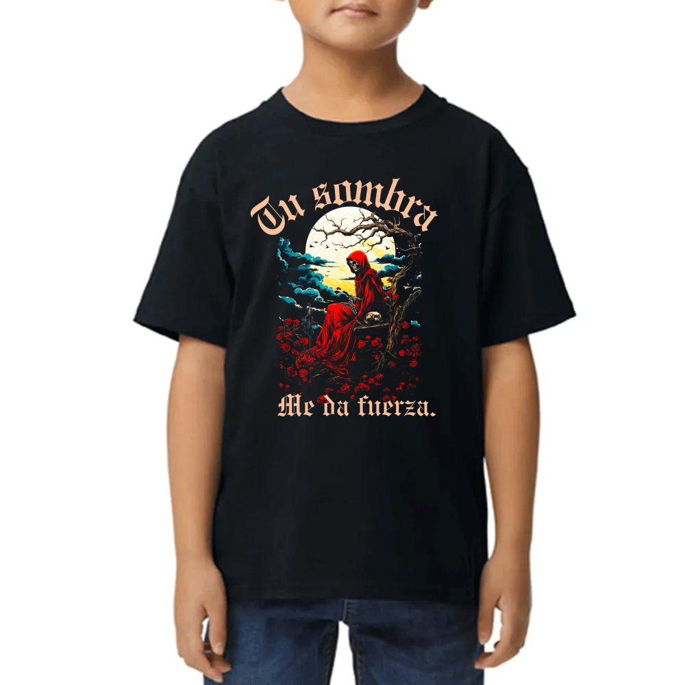 Playera de Niño Santa Muerte Tu Sombra me da Fuerza Algodón Premium #0002570